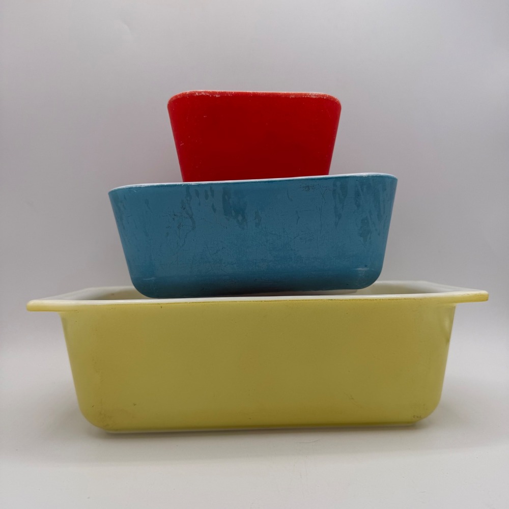 Vintage Pyrex Primary Colors Refrigerator Dish Set 501 Red, 502 Blue, 503 Yellow